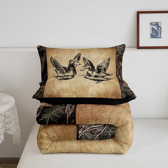 Erosebridal Hunting Duck Comforter Set Toddler Tree Branch Camo Mallard Duck Bedding Set for Hunter,Rustic Farmhouse Cabin Bedding Comforter Sets for Boys Men,Camouflage Wildlife Animal Quilt Set