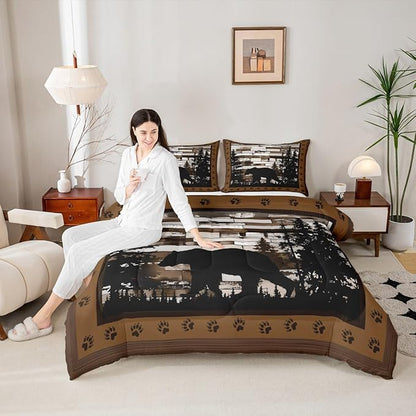 Feelyou Rustic Bear Bedding Set Wild Animals Hunt Comforter Set for Kids Boys Girls Brown Wooden Comforter Paw Print Quilt Set Bedroom Collection 3Pcs King Size
