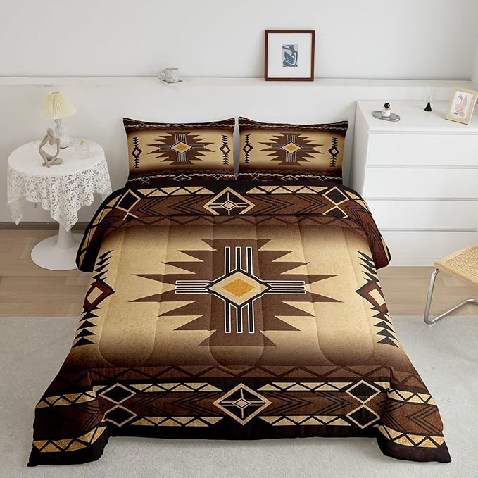 Southwest Comforter Sets Queen Size,Western Aztec Tribal Pattern Bedding Set Retro Stripe Quilt Set for Teens Woman Men Adult Room Decor,Rustic Country Brown Duvet Insert,2 Pillowcases