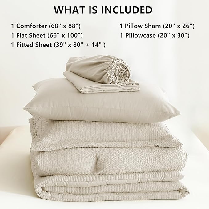CozyLux Twin XL Comforter Set Beige - 5 Pieces Striped Seersucker Twin Extra Long Bed in a Bag for College Dorm, Soft Lightweight Boho Bedding Set with All Season Comforter, Sheets, Pillowcase & Sham