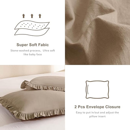 QSH 3PCs Light Taupe Oversized King Comforter Set 120x120,Shabby Vintage Chic Ruffled Bedding Comforter Extra Large Farmhouse French Country Rustic Comforter Microfiber Soft Lightweight Bedding