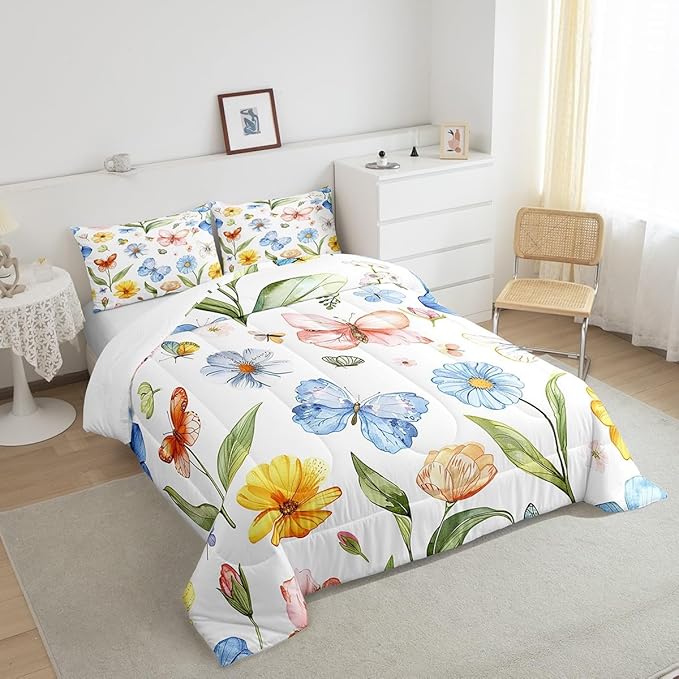 Manfei Botanical Comforter Set King Size, Watercolor Flower Butterfly Quilt Set with 2 Pillowcases, Plants Floral Bedding Set 3pcs for Kids Boys Girls Room Decor Lightweight Duvet Insert