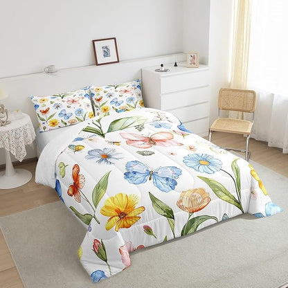 Manfei Botanical Comforter Set King Size, Watercolor Flower Butterfly Quilt Set with 2 Pillowcases, Plants Floral Bedding Set 3pcs for Kids Boys Girls Room Decor Lightweight Duvet Insert