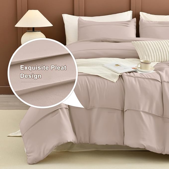Masaca Oversized King Size Comforter 128x120,3 Pieces Vintage Farmhouse Pinch Pleat Bedding Comforter Set Lightweight Ultra Soft Rustic Boho Bedding (1 Taupe Comforter +2 Pillowcases)