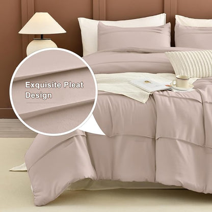 Masaca Oversized King Size Comforter 128x120,3 Pieces Vintage Farmhouse Pinch Pleat Bedding Comforter Set Lightweight Ultra Soft Rustic Boho Bedding (1 Taupe Comforter +2 Pillowcases)