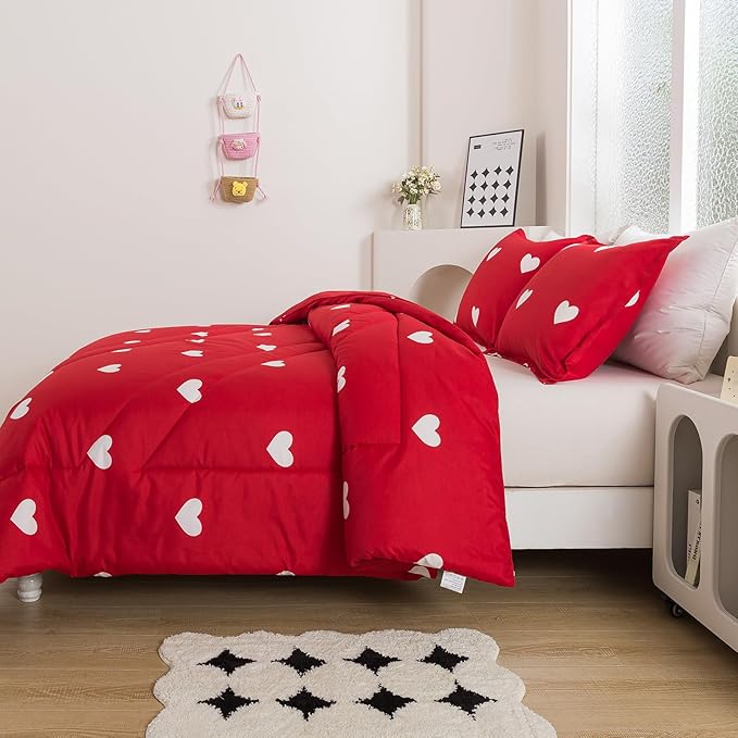 Caressma Love Comforter Set Twin Size - Cute White Heart Print Red Bedding Comforter with Matching Pillowshams