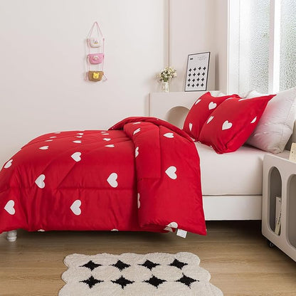 Caressma Love Comforter Set Full Size - Cute White Heart Print Red Bedding Comforter 3 Pieces Matching Pillowshams