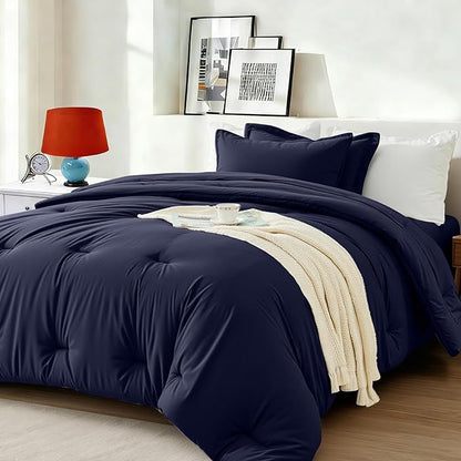 Twin Comforter Set 5 Pieces - Ultra-Soft Bed in a Bag Twin Size, Cozy Luxury All Season Bedding Sets with Comforter, Flat Sheet, Fitted Sheet, 1 Pillow Shams & 1 Pillowcases, Navy Blue