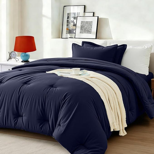 Twin Comforter Set 5 Pieces - Ultra-Soft Bed in a Bag Twin Size, Cozy Luxury All Season Bedding Sets with Comforter, Flat Sheet, Fitted Sheet, 1 Pillow Shams & 1 Pillowcases, Navy Blue