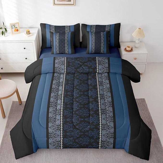 jejeloiu Adult Classic Jacquard 7 Piece Bedding Set King Size Damask Pattern Comforter Set with Sheets for Boys Girls Black Blue Stripe Bed in a Bag Baroque Bed Set