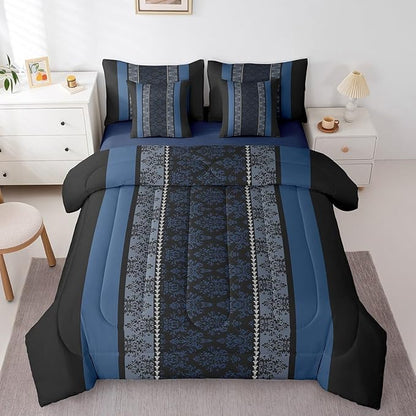 jejeloiu Adult Classic Jacquard 7 Piece Bedding Set King Size Damask Pattern Comforter Set with Sheets for Boys Girls Black Blue Stripe Bed in a Bag Baroque Bed Set