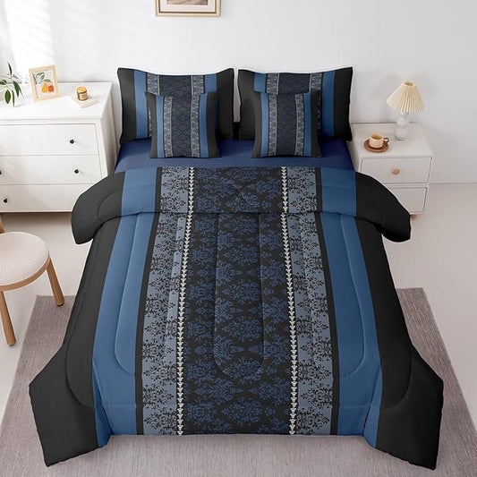 jejeloiu Adult Classic Jacquard 7 Piece Bedding Set King Size Damask Pattern Comforter Set with Sheets for Boys Girls Black Blue Stripe Bed in a Bag Baroque Bed Set