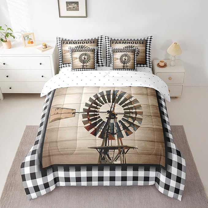 Erosebridal Farmhouse Windmill Comforter Set Bed in a Bag Full 7Pcs for Kids Boys Rustic Wooden Comforter Set with Flat Fitted Sheets, 2 Pillowcases and 2 Throw Pillow Covers