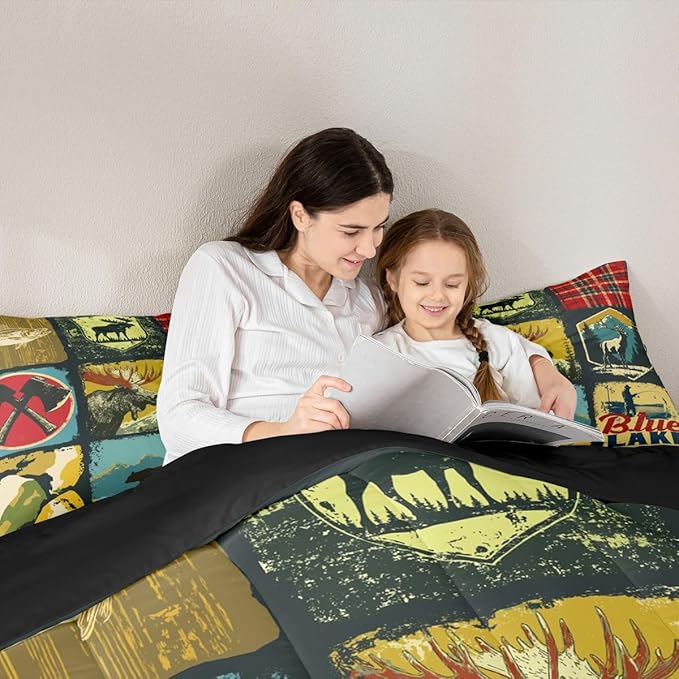 Hunting Bear Comforter Set, Rustic Farmhouse Bedding Sets for Kids Teens Adult Cabin Lodge Decor, Vintage Woodland Wildlife Moose Down Comforter, Retro Buffalo Plaid Quilted Duvet, Yellow Red, Queen