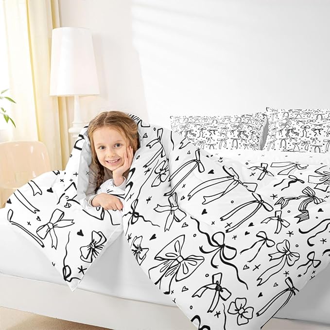 Castle Fairy Black Bowknot Comforter Set King Size,Bow Tie Knot Pattern Bedding Sets 3Pcs for Kids Girls Women Room Decor,Sweet Princess Style Quilted Duvet Girly Modern Down Comforter,2 Pillowcases