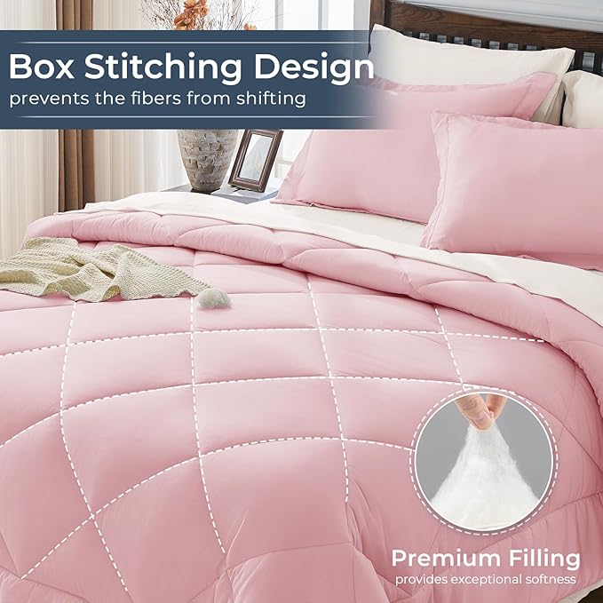 HEVUMYI Full Comforter Set - 7-Piece All Season Bed in a Bag Full, Ultra Soft Bedding Set with Comforter, Flat Sheet, Fitted Sheet, Pillowcases, Pillow Shams, Pink & Ivory