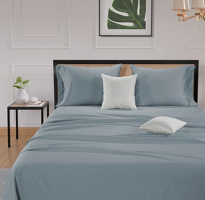 LANE LINEN King Bed Sheets – 600 Thread Count Long-Staple 100% Cotton King Size Bed Sheets, Hotel Luxury Soft Silky Sateen Weave, Durable for Daily Use, Fully Elasticized 15" Deep Pocket – Blue