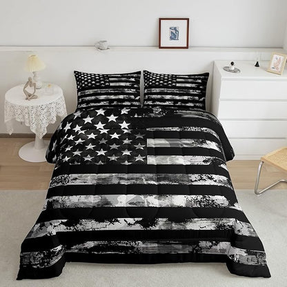 Erosebridal Twin Bedding Sets for Boys Black Gray Camo American Flag Comforter for Teenage Geometric US Stripes Stars Bed Sets,Militarily Army Camo Duvet Insert with 1 Pillowcases Lightweight