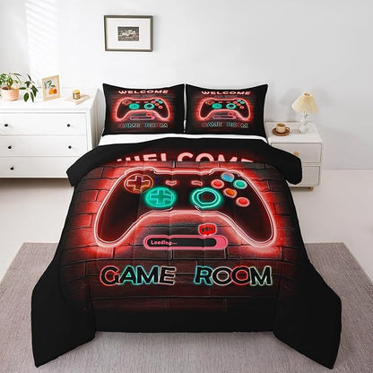 jejeloiu Red Gamer Gaming Bedding Set Toddle Size for Boys Game Console Comforter Set Kids Teens Neon Light Duvet Set Cool Game Room Decor Quilt Set 2Pcs