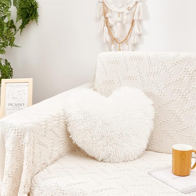 MOOWOO White Fluffy Heart Pillow, Faux Fur Throw Pillow,Sherpa Plush Fluffy, Cute Soft Throw Cushion, Valentines Day,Thanks Giving Days,Christmas Day Decorative for Home Bed Couch Heart Shape