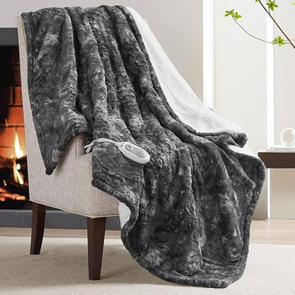 Codi Soft Oversize Heated Throw Blanket, Marble Grey Faux Fur with Fuzzy Sherpa Back | 60 x 70 Oversized Electric Throws for Couch | 3 Heat Setting with 2H Auto Shut Off, 6ft Power Cord | Washable
