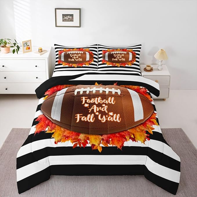 Football And Fall Y’All Bedding Set Full For Boys Autumn Thanksgiving Theme Comforter Set For Kids Teen Ball Sports Quilt Duvet Soft Lightweight Maple Leaves Black Striped Comforter 2 Pillow Cases