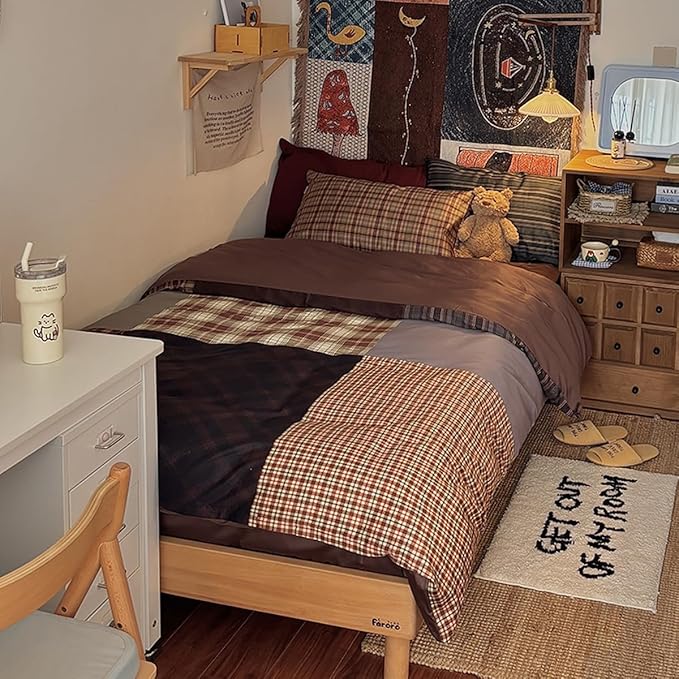 Nayoroom Plaid Comforter Set Queen Size Vintage Brown Patchwork Checkered Comforter 3 Pieces Soft Lightweight Farmhouse Dorm Bedding Set for All Seasons