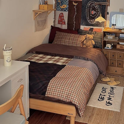 Nayoroom Plaid Comforter Set Queen Size Vintage Brown Patchwork Checkered Comforter 3 Pieces Soft Lightweight Farmhouse Dorm Bedding Set for All Seasons