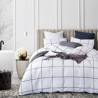 CLOTHKNOW White Plaid Queen Comforter Set Grid Bedding Comforter Sets Geometric Comforter Soft White Comforter with 2 x Pillow Cases