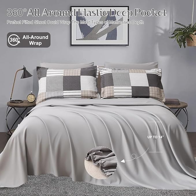 Comforter Set Queen Size Plaid Patchwork Comforter Bedding-7 Piece Bed in a Bag,Soft Fluffy Reversible Microfiber Bedding Set(1 Comforter,1 Flat Sheet,1 Fitted Sheet,2 Pillowcases,2 Pillow Shams),Grey