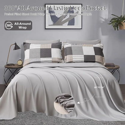Comforter Set Queen Size Plaid Patchwork Comforter Bedding-7 Piece Bed in a Bag,Soft Fluffy Reversible Microfiber Bedding Set(1 Comforter,1 Flat Sheet,1 Fitted Sheet,2 Pillowcases,2 Pillow Shams),Grey