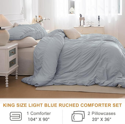 Lady Ann King Comforter Set Light Blue Ruched Bedding Comforter Sets for Bedroom, Ultra Soft Ruffle Fluffy King Size 104x90 Shabby and Chic Bed Sets, 3PCS