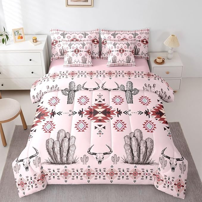 Erosebridal Pink Southwestern Full Comforter Set with Sheets 7 Piece Western Aztec Bed in A Bag Country Geometric Vintage Bedding Sets for Women Adults Rustic Cactus Bull Skull Boho Tribal Bed Set