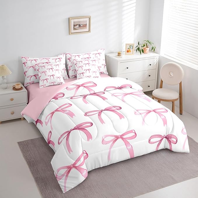 Feelyou Bow Bedding Set for All Season Boys Girls Full Size Cute Bowknot 7 Pieces Comforter Sets for Kids Women Men Pink Girls Bow Bed in a Bag with Comforter, Sheets, Pillowcases & Cushion Cover
