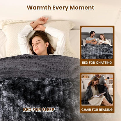 Bearhug Heated Blanket with Dual Controls Electric Heating Blankets Auto Shutoff Electric Blanket Machine Washable Overheat Protection Marble Black Queen Size 84"x 90"