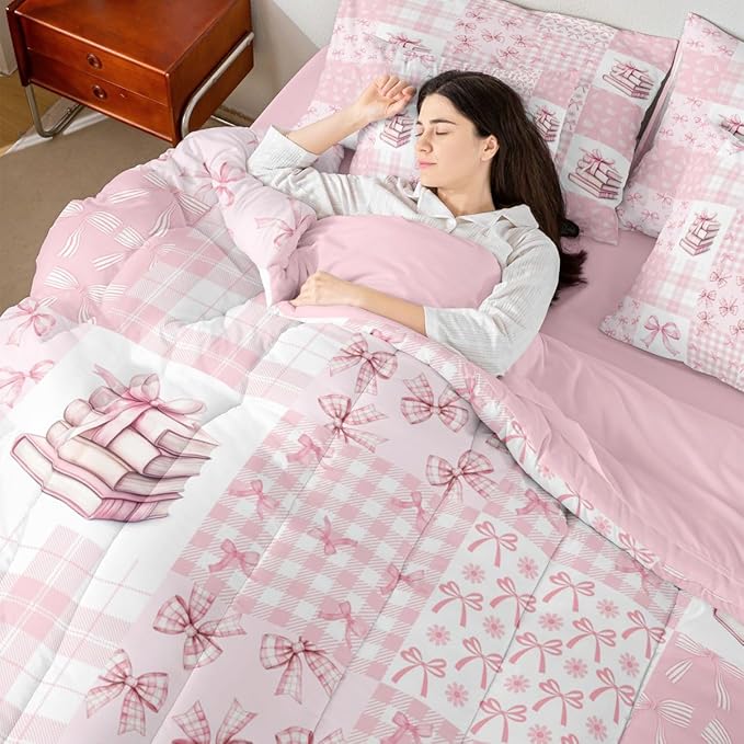 Feelyou Pink Bow Comforter Set King Size 7 Pieces Cute Bowknot Bedding Set for Kids Boys Girls Princess Bow Bed in a Bag with Comforter, Sheets, Pillowcases, Cushion Covers Kawaii Bedroom Decor