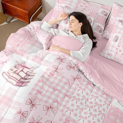 Feelyou Pink Bow Comforter Set Queen Size 7 Pieces Cute Bowknot Bedding Set for Kids Boys Girls Princess Bow Bed in a Bag with Comforter, Sheets, Pillowcases, Cushion Covers Kawaii Bedroom Decor