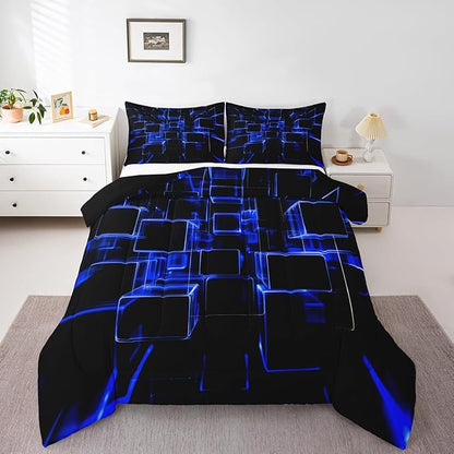 Erosebridal Honeycomb Blue and Black Kids Comforter Set, Modern Geometric Square Bedding for Boys Girls Gradient Neon Light Abstract Duvet Set King 3 Pieces