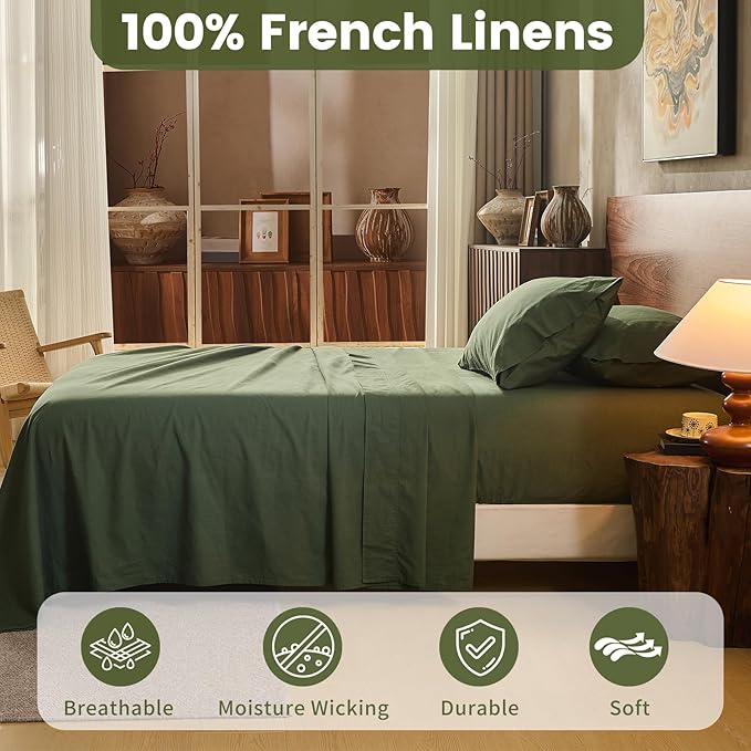 100% Linen Sheets California King Size,Breathable & Durable 4-Piece Bed Flax Sheet Set,Soft All-Season Bedding for Hot Sleepers 16" Deep Pocket Oeko-TEX Certified,（Cal King, Forest Green）
