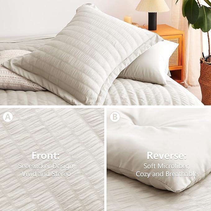 CozyLux Twin Comforter Set with Sheets Seersucker 5 Pieces, Beige Bed in a Bag for Bedroom, Textured Luxury Soft Bedding Set with Down Alternative Comforter, Sheets, Pillowcase & Sham for All Seasons