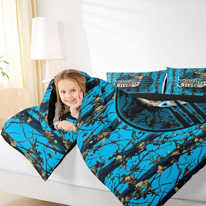 Erosebridal Deer Hunting Camo King Comforter Set,Blue Camouflage Bedding Sets for Boys Girls Kids,Rustic Lodge Cabin Quilt Bed Set,Woodland Hunter Room Decor with 2 Pillowcases,Breathable