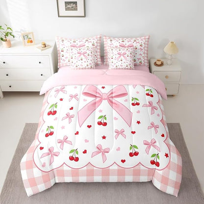 Erosebridal Bow Cherry Plaid Pink Girls Kids King 7-Piece Comforter Set | Bowknot Fruits Kawaii Cute Sheets and Pillowcases Checkered White Princess Red Bed in A Bag Teens Women Bed Sets