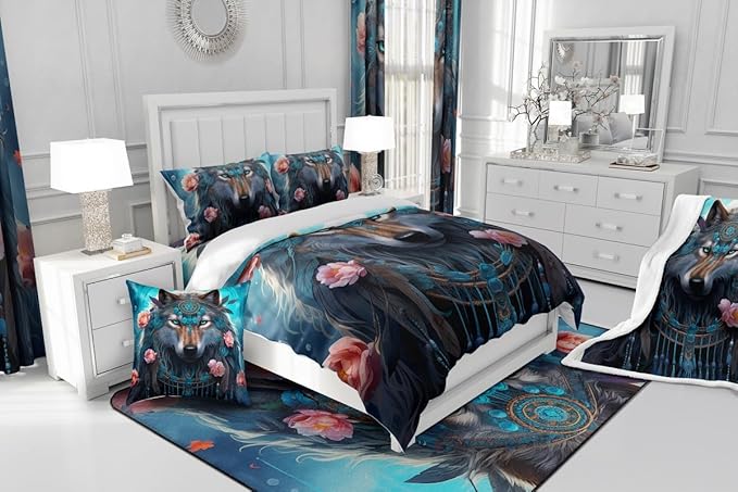 Erosebridal Indian Wolf Queen Comforter Set,Hunting Wolf Bedding Set for Women Men Room Decor,Boho Floral Exotic Ethnic Bed Set Wildlife Safari Bedding Comforter Sets,2 Pillowcases