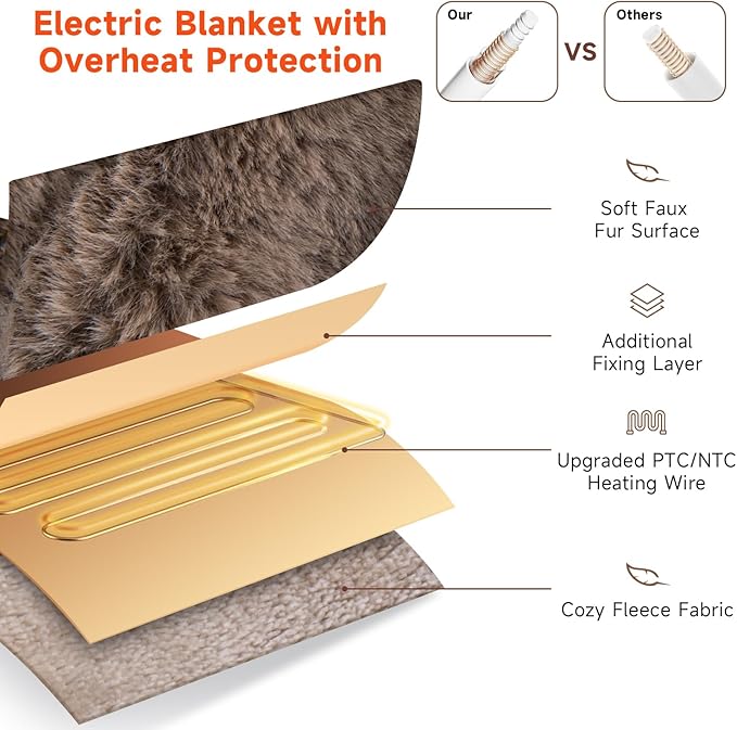 Heated Blanket Electric Throw- 50"x60" Soft Thick Bubble Electric Blanket for Sofa with 5 Heat Levels & 4 Hours Auto-Off Overheat Protection, Warm Cozy Gifts, Beige