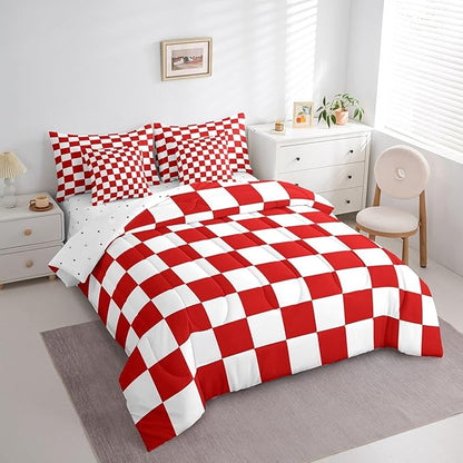 Feelyou Checkered Retro 7 Piece Bedding Set Teen Women Men Red White Plaid Comforter Set with Sheets Queen Size Kids Boys Geometric Vintage Bed in a Bag Modern Simple Groovy Aesthetic Room Decor