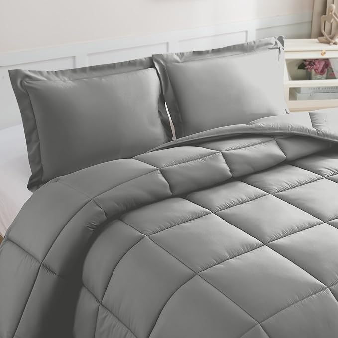 Elegant Comfort 3-Piece Box Stitched Down Alternative Comforter with Shams - Ultra Soft for All Season Duvet Insert with Corner Tabs, Plush Cozy 3PC Comforter Set, King, Silver Gray