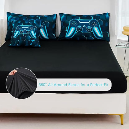 URBONUR Blue and Teal Kids Comforter Set Queen Size 6 Pieces Video Game Printed Gamer Bedding Set Queen for Boys Teen Girls, Lightweight Comforter with Sheets Set
