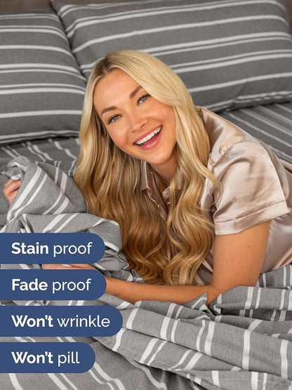 Extra Deep Split King Sheet Set - 7 Piece Breathable and Cooling Sheets - Hotel Luxury Bedding for Women, Men, Kids & Teens - Secure Fit - Soft and Wrinkle Free with Extra Deep Pockets - Grey Stripes