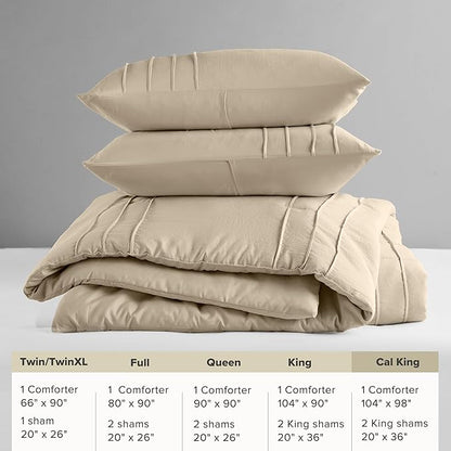 Comfort Spaces Khaki Cal King Size Comforter Set - 3 Pieces Pintuck Pleated Bedding Sets, All Season Lightweight, Extra Softness Pre-Washed Microfiber Cal King Bed Set, Shams, Cal King
