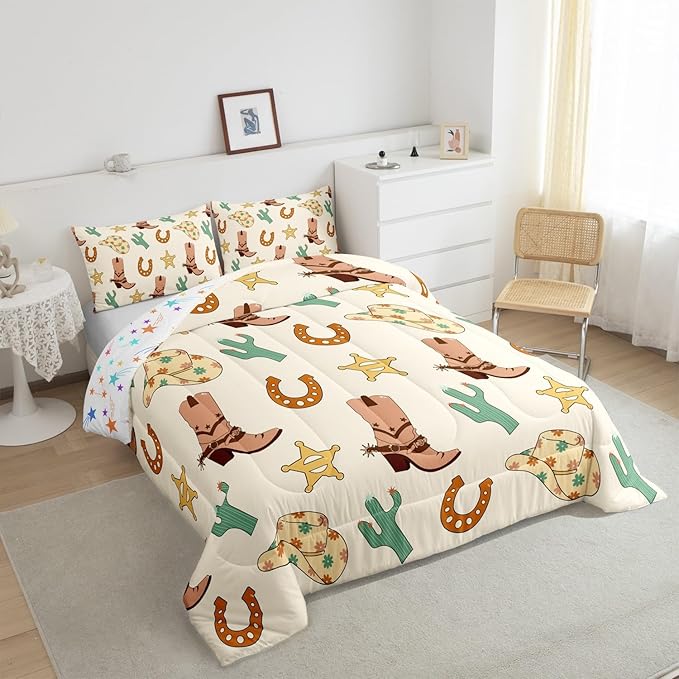 Feelyou Western Decor Bedding Set Twin Size Wild West Cowboy Comforter Set for Kids Boys Girls Decor Cowboy Boots Cowboy Hat Horseshoe Cactus Comforter Yellow Duvet Set